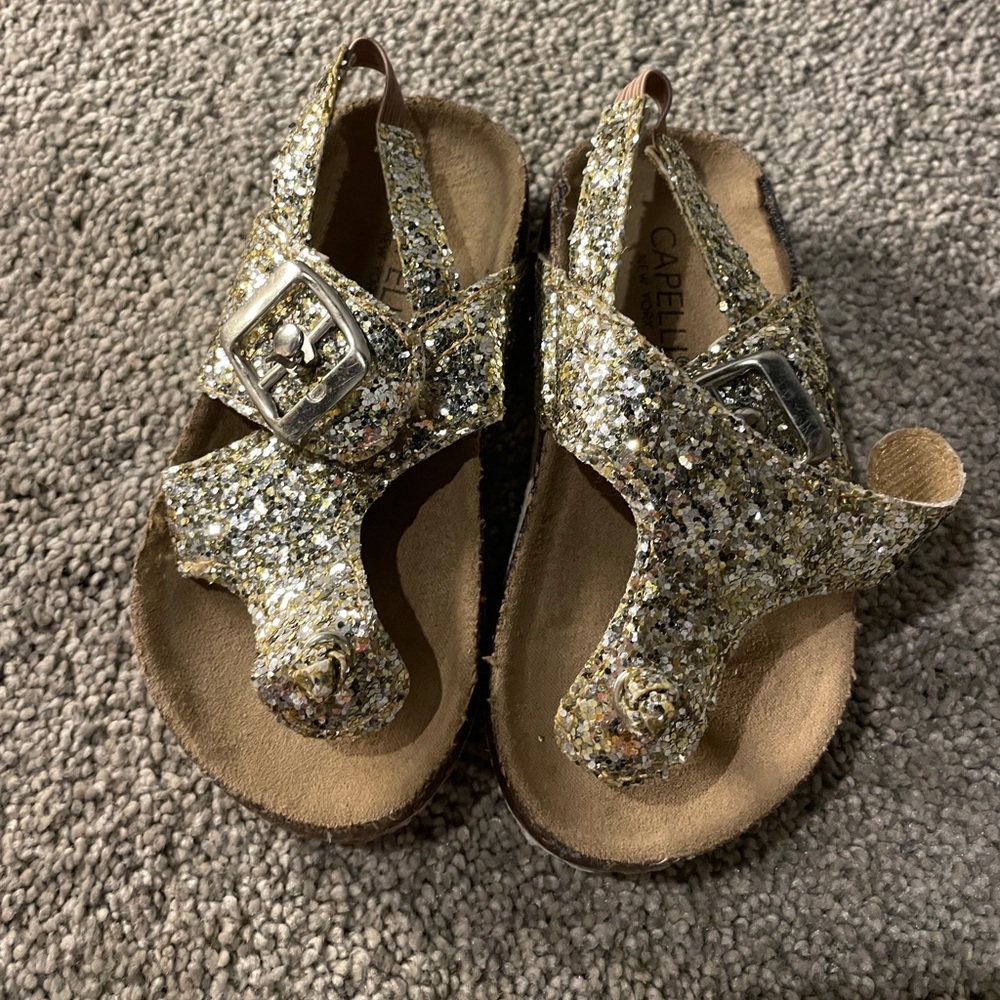 Capellini, gold glitter sandals, size. 5